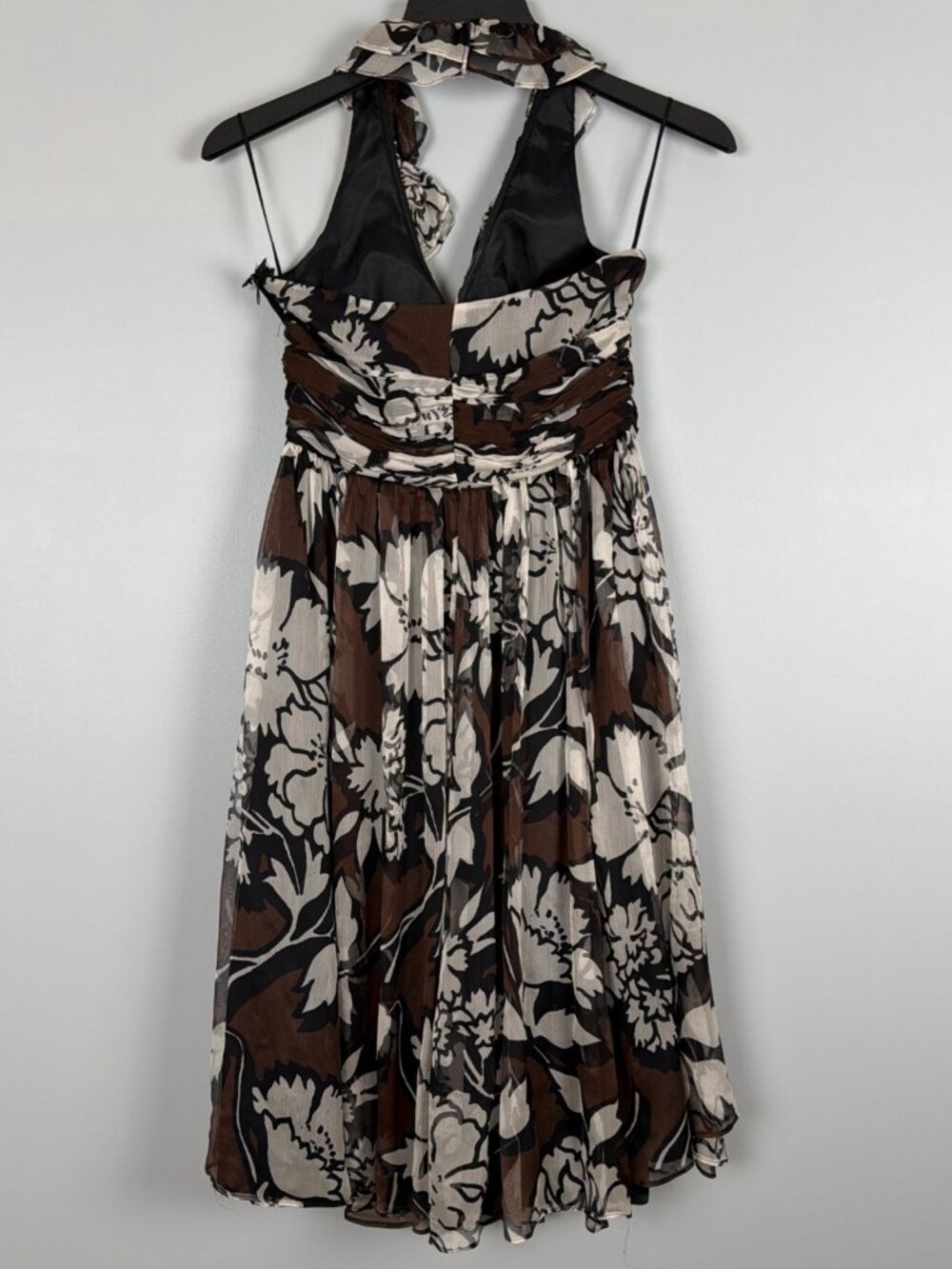 Zara Dress Womens S Brown Floral 100% Silk Halter Y2K Ruffle Wedding Guest Retro - Picture 5 of 8
